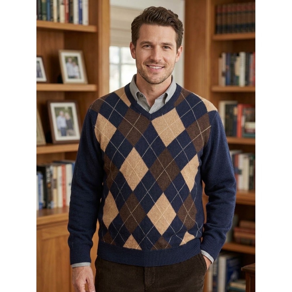 Jos. A. Bank Mens Large Argyle V-Neck Sweater Navy Blue Brown Lambswool Blend